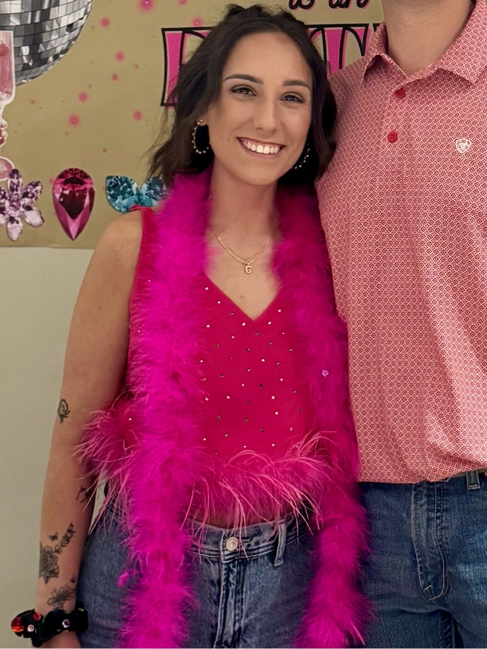 Feather-Trim Crystal Embellished Crop Top in Hot Pink